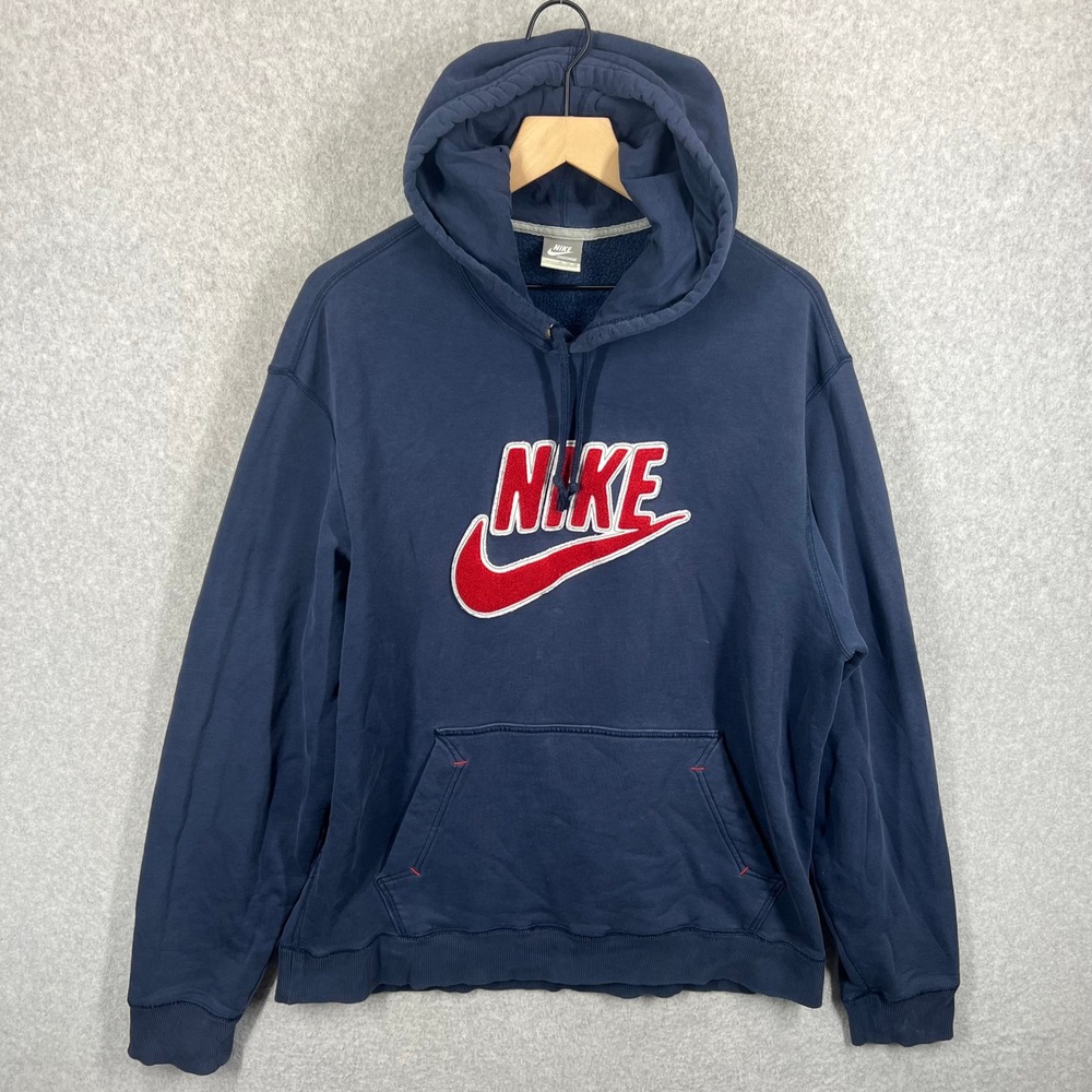 Vintage Y2K‎ Nike Sportswear Hoodie Mens XL Blue Spellout Chenille Logo Pullover